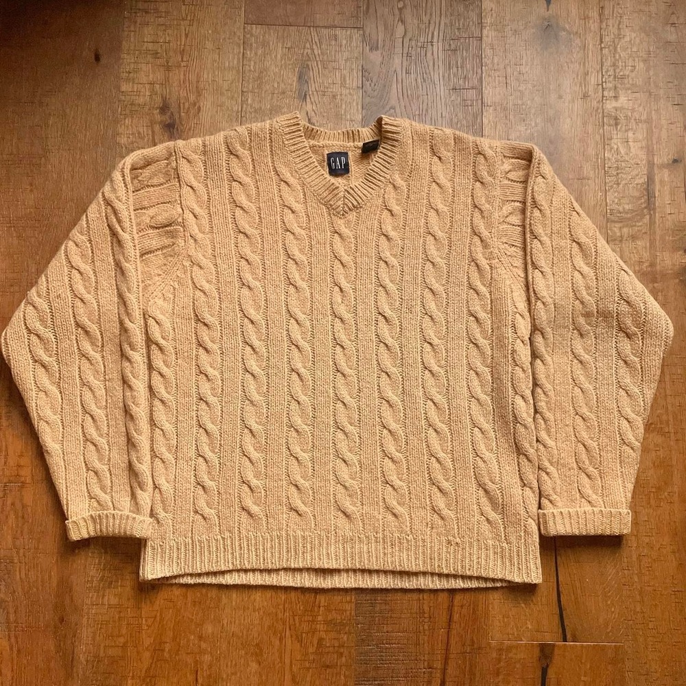 Gap Cable Knit Sweater Womens L Tan Academia Vintage 90s Wool V-Neck